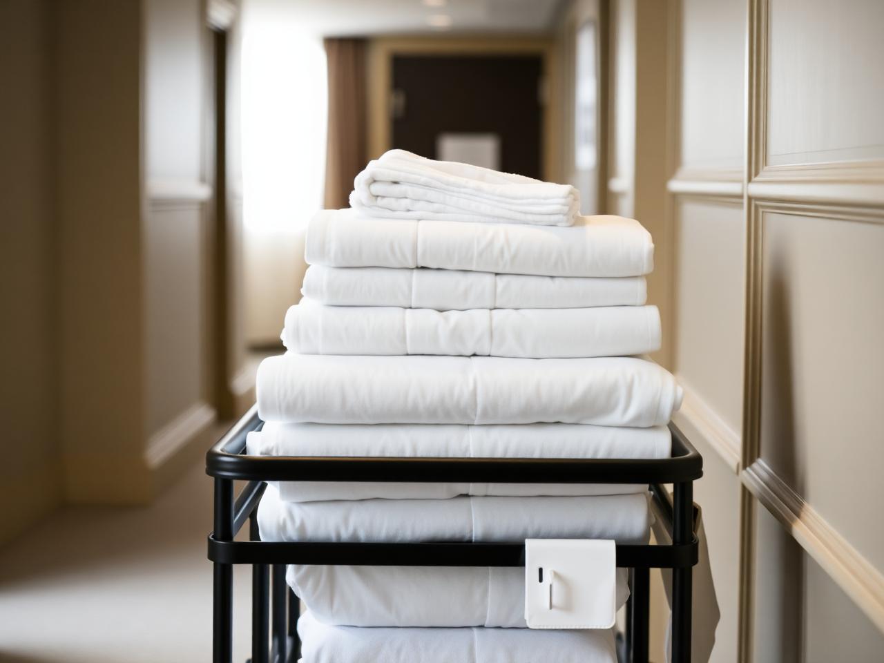 hubi-clean.at Hotelwäsche Wien — frisch gewaschene Hotelhandtücher auf Housekeeping-Wagen